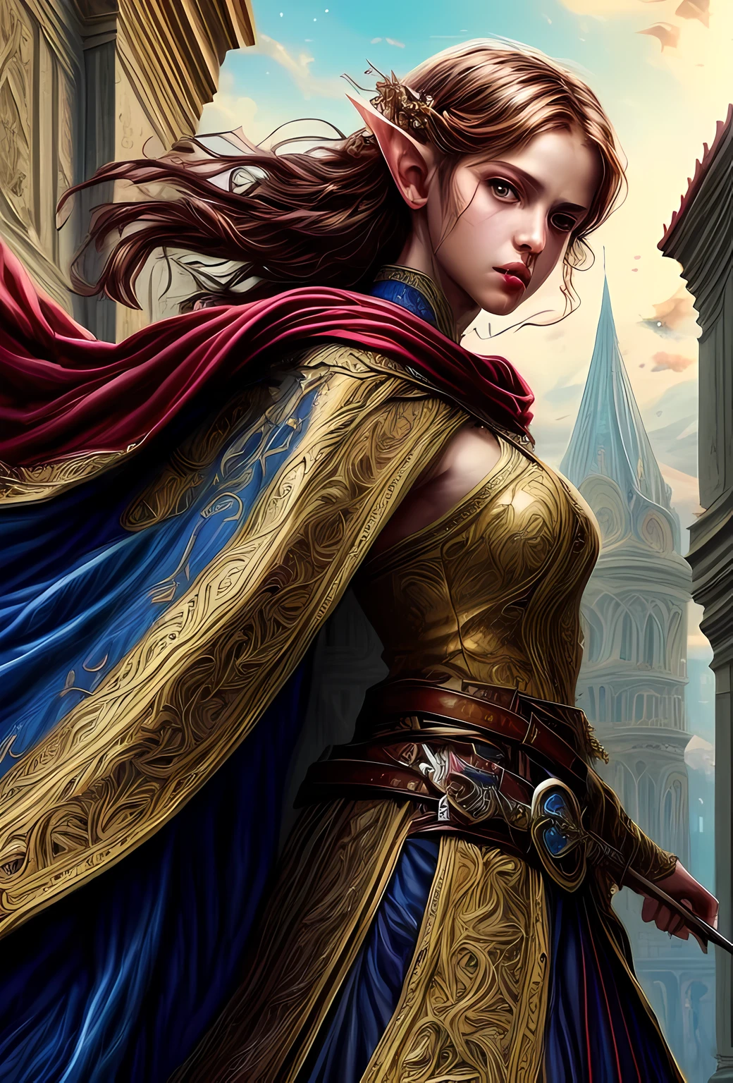 speedpainting a picture of a female elf (intense details, Masterpiece, best quality: 1.5) fantasy swashbuckler, fantasy fencer, armed with a slim sword, shinning sword, metallic shine, colorful clothes, dynamic clothing, an ultra wide shot, full body (intense details, Masterpiece, best quality: 1.5)epic beautiful female elf (intense details, Masterpiece, best quality: 1.5), rich hair, braided hair, small pointed ears, Sword and shield, GLOWING SWORD [colorful magical sigils in the air],[ colorful arcane markings floating] (intricate details, Masterpiece, best quality: 1.6), holding a [sword] (intricate details, Masterpiece, best quality: 1.6) holding a [sword glowing in red light] fantasy urban street (intense details, Masterpiece, best quality: 1.5),  purple cloak, long cloak (intense details, Masterpiece, best quality: 1.5), sense of daring, sense of adventure,  high details, best quality, 8k, [ultra detailed], masterpiece, best quality, (extremely detailed), dynamic angle, ultra wide shot, photorealistic, RAW, fantasy art, dnd art, fantasy art, realistic art, fantasysword sword, 