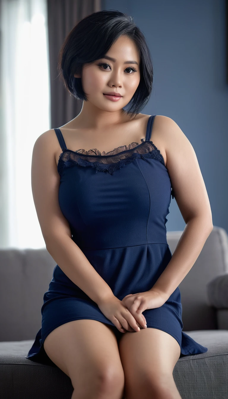 Indonesian Woman, age 25, dreamy white skin, a bit chubby, muscular body, wearing g-string thin tight dark plain blue simple short dress, short shoulder black hair, barefoot, family room scene, sexy on CANON 5D Mark IV, 85mm Lens, photoshoot, Depth of Field, intricately detail, hyperrealistic textures, seducing pose, focused, photography, white colour lighting tone.