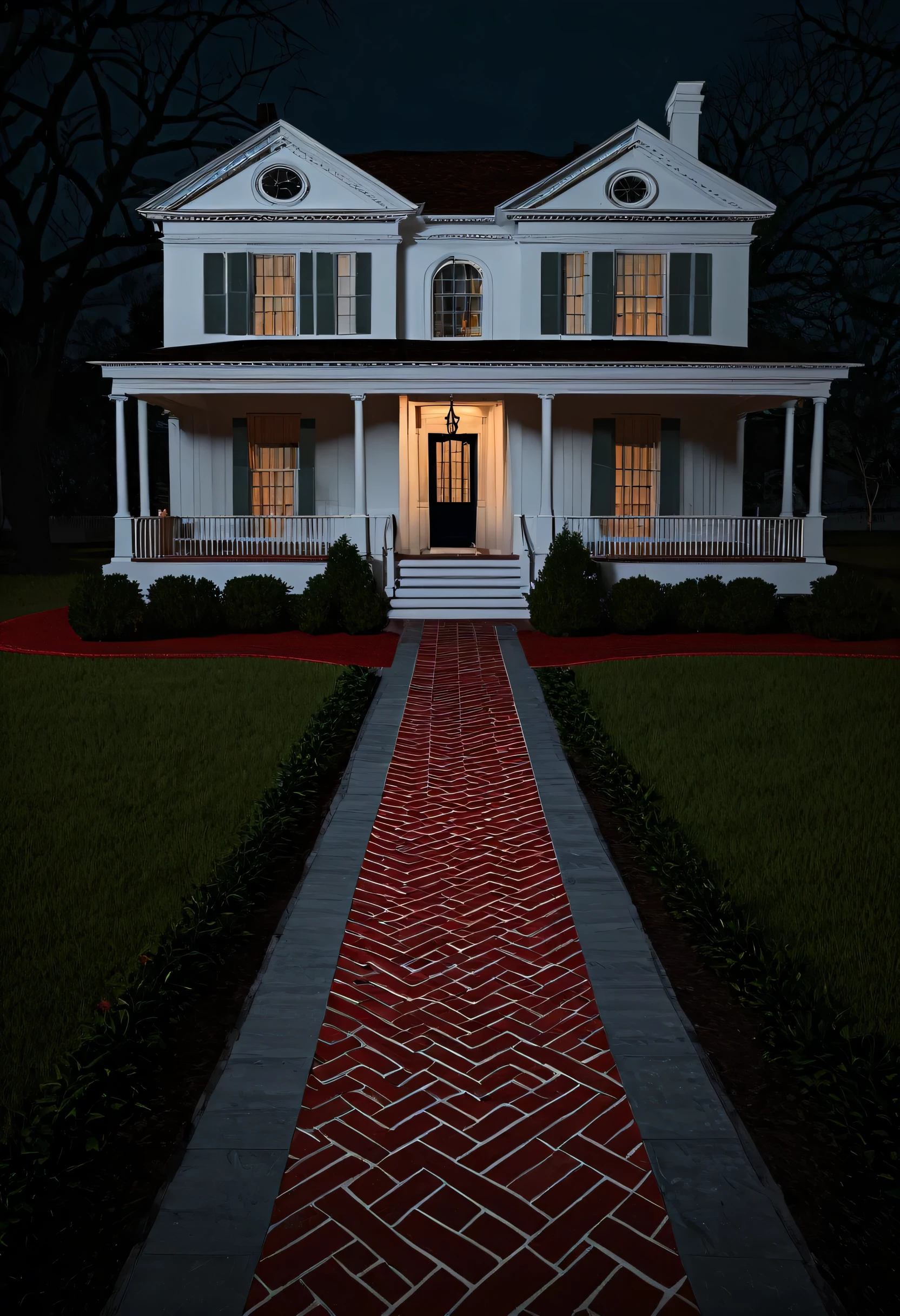 A white house with a porch emerges from the darkness.、Porch with red brick walkway, Digital rendering inspired by William Holmes, Flicker, People Art, Preserved history, from the front, Historical Photos, With front porch, Front view, 1862, 1 8 6 2, very ornate, 1852, 1863, 1840,