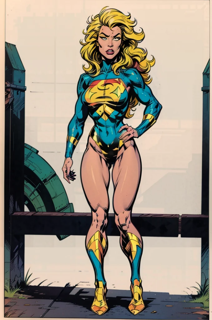 girl, yellow hair, long hair, dark green eyes, high leotard, standing, comic book style, perfect legs, white background, wide shot, 16k, 8k, 4K, HD, 1080P, high resolution, best quality, high quality , high details, super detail, anatomically correct, masterpiece