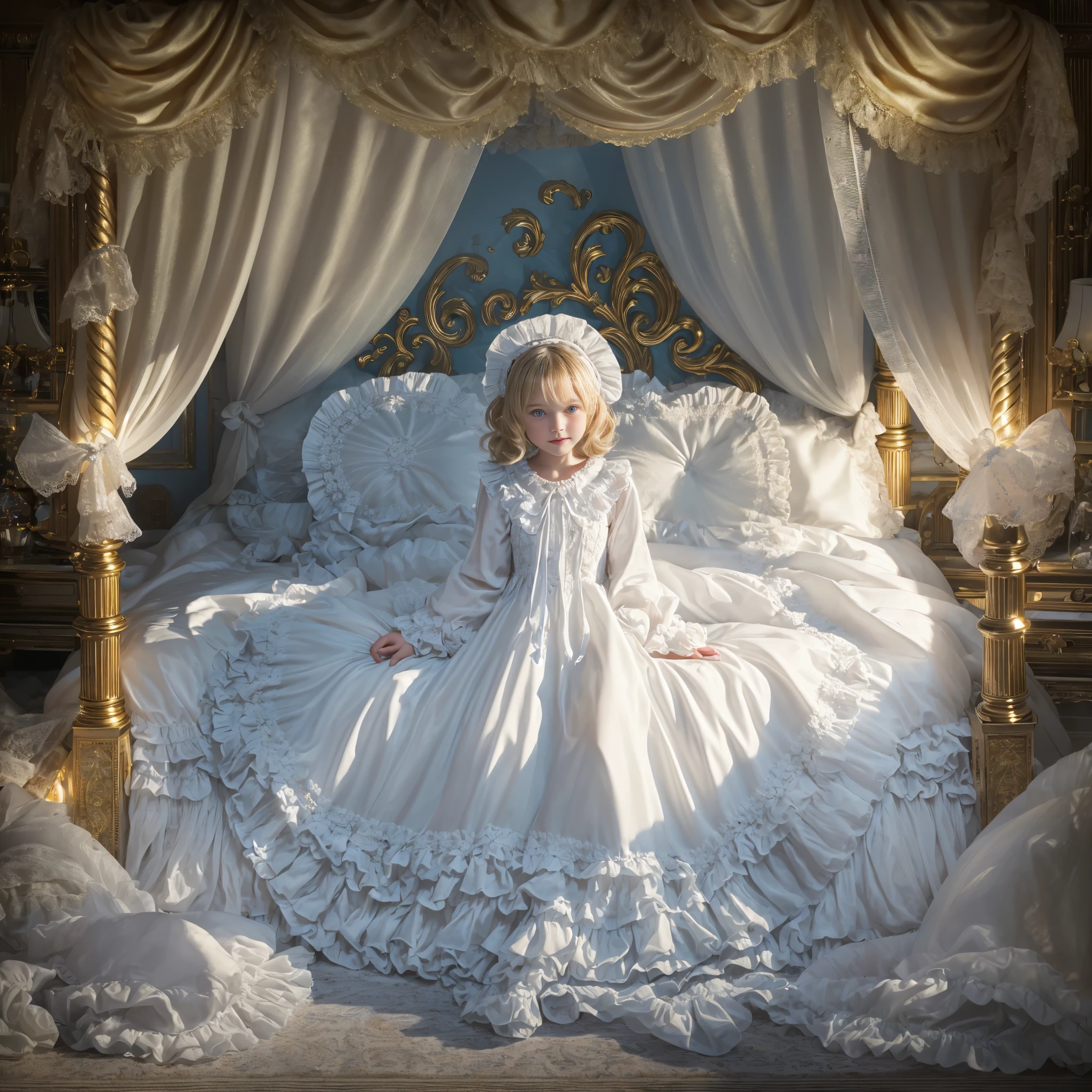 highest quality, masterpiece, Highest Resolution, artwork, super Get used to it, many become close, become close, Get used to it,change,,girl, ((((10 years old)))),European,blonde,blue eyes,Nightwear,((((White nightgown)))),((フリルとリボンの付いたWhite nightgown)),((1920s style nightgown)),((Frill and ribbon nightcap)),victorian nightgown,Yoke collar with ruffles and bow,Ruffled long sleeves,Long skirt up to the ankles,((The whole body is reflected)),(Inside the palace),(in the bedroom at night),(Luxurious rococo canopy bed),Before bedtime,White frilly socks,A deep background。