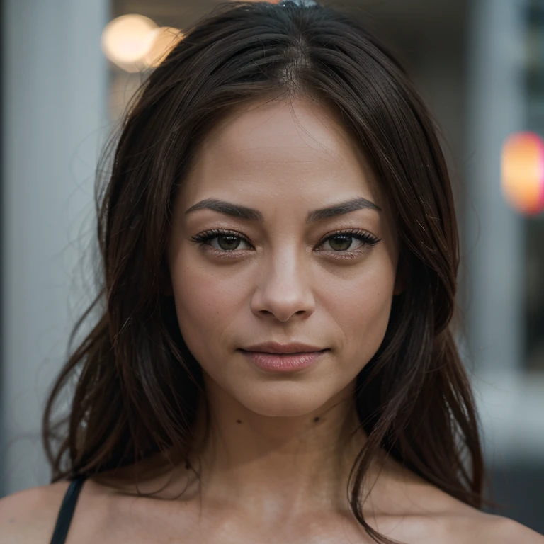 A detailed and macro photograph of Kristin Kreuk's face, captured using a Sony A7r camera with an FE 50mm - F 2.8 GM lens.