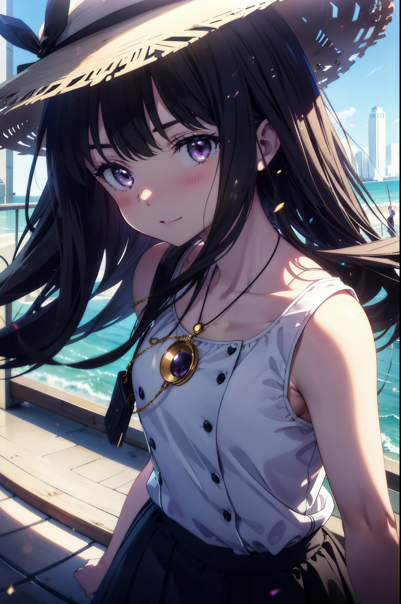 Takiuchi, Inoue Check, Long Hair, bangs, Black Hair, (Purple eyes:1.2),happy smile, smile, Open your mouth,smile,blush,Blue long skirt one-piece dress,No sleeve,Bare arms,Rocket Pendant,Cute Sandals,White hat,True Summer,Clear skies,So that the whole body goes into the illustration,
break outdoors, Coastal Road,City Street,
break looking at viewer, (Cowboy Shot:1.5),
break (masterpiece:1.2), highest quality, High resolution, unity 8k wallpaper, (figure:0.8), (Beautiful fine details:1.6), Highly detailed face, Perfect lighting, Highly detailed CG, (Perfect hands, Perfect Anatomy),