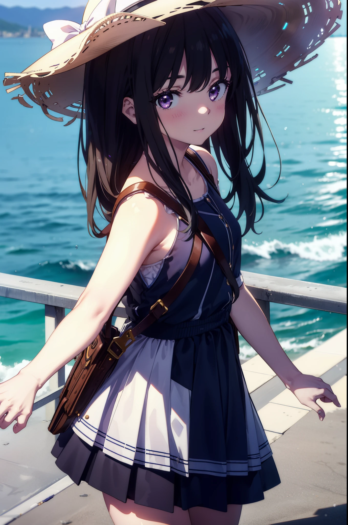 Takiuchi, Inoue Check, Long Hair, bangs, Black Hair, (Purple eyes:1.2),happy smile, smile, Open your mouth,smile,blush,Blue long skirt one-piece dress,No sleeve,Bare arms,Rocket Pendant,Cute Sandals,White hat,True Summer,Clear skies,So that the whole body goes into the illustration,
break outdoors, Coastal Road,City Street,
break looking at viewer, (Cowboy Shot:1.5),
break (masterpiece:1.2), highest quality, High resolution, unity 8k wallpaper, (figure:0.8), (Beautiful fine details:1.6), Highly detailed face, Perfect lighting, Highly detailed CG, (Perfect hands, Perfect ???????),