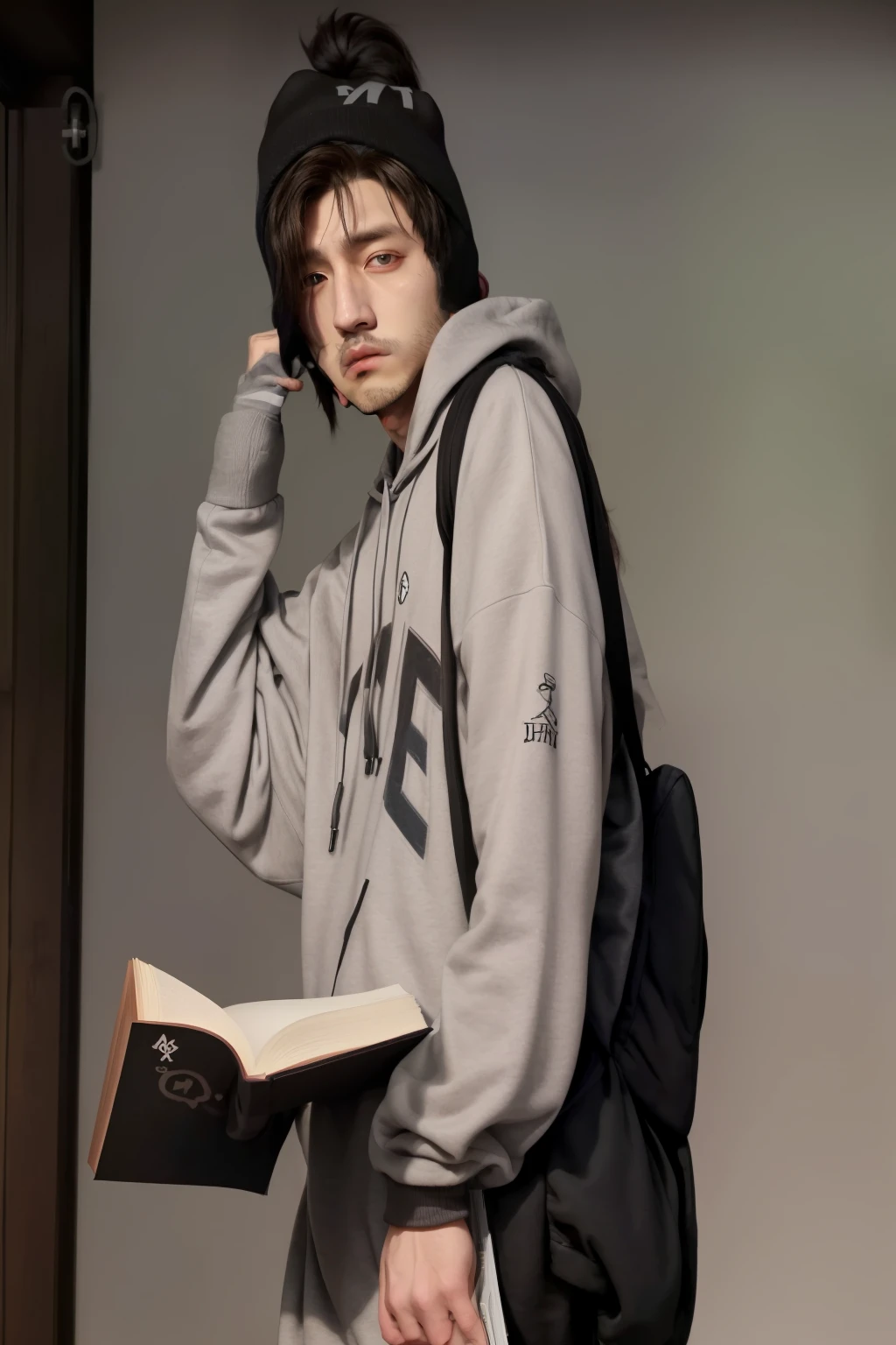 hombre arafed con una sudadera gris y una mochila negra sosteniendo un libro, changkyun de monsta x, mirada inocente, smol, suave en _ el fondo, el fondo es celestial, he is holding a big book, jinyoung shin, usando una holgada