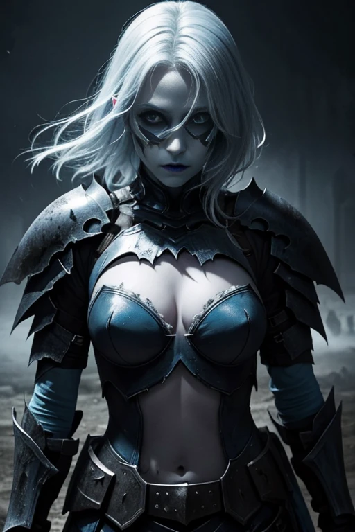 Pale blue skinned, undead dark Knight, cut throat, beautiful girl, chaotic armor,