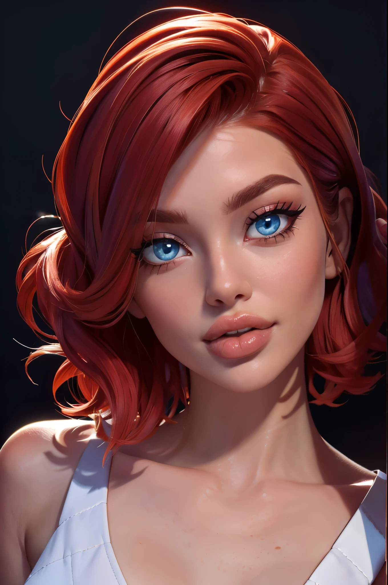 (sexy red haired young woman,perfect body,posing,model,stage,luxury hall),(oil painting),(detailed face,beautiful eyes,detailed lips, lips apart),(best quality,highres:1.2),(realistic),(portrait),(vibrant colors),(soft lighting), ((confident:1.7)), ((joyful:1)), short messy haircut