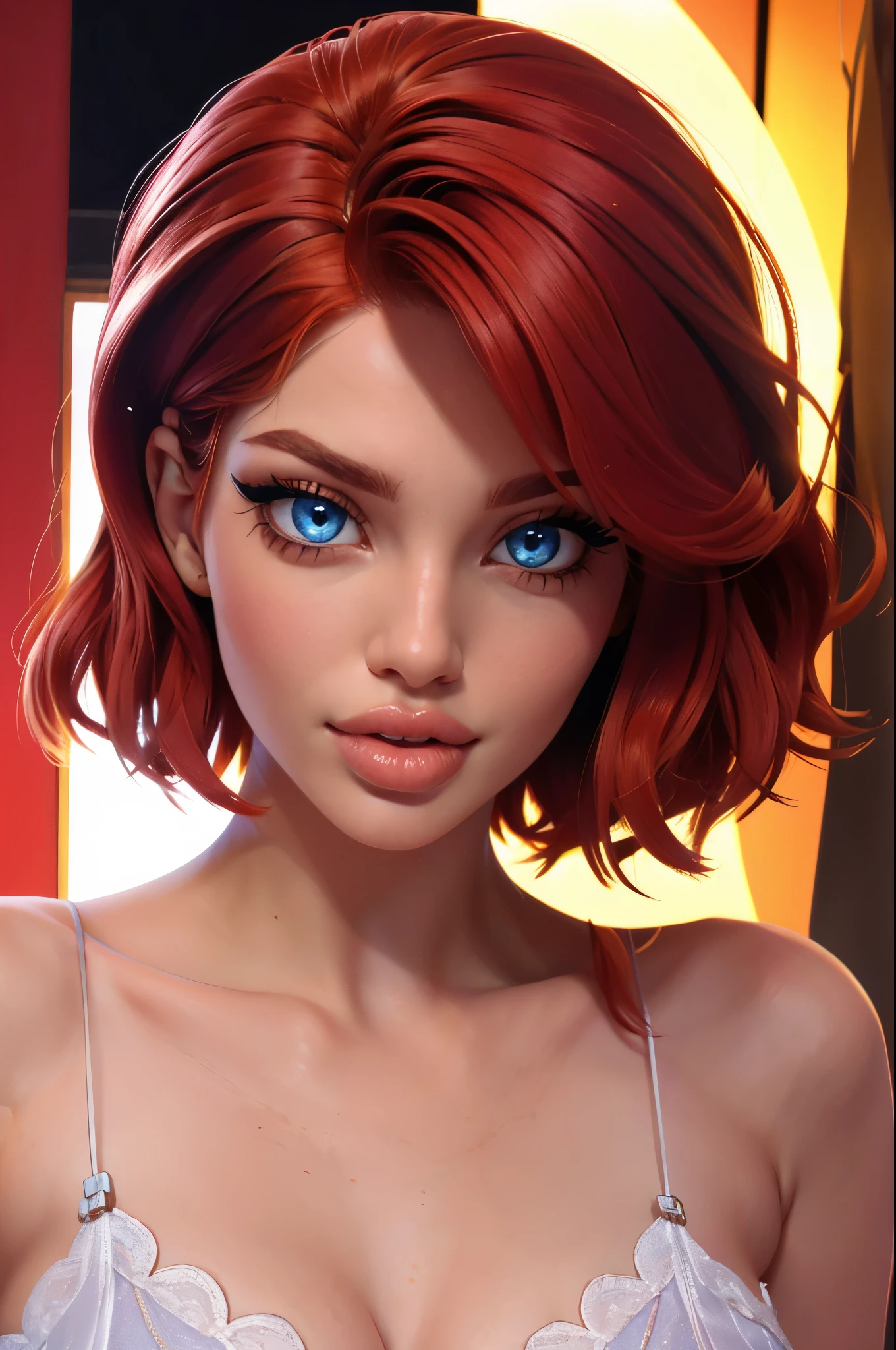 (sexy red haired young woman,perfect body,posing,model,stage,luxury hall),(oil painting),(detailed face,beautiful eyes,detailed lips, lips apart),(best quality,highres:1.2),(realistic),(portrait),(vibrant colors),(soft lighting), ((confident:1.7)), ((joyful:1)), short messy haircut