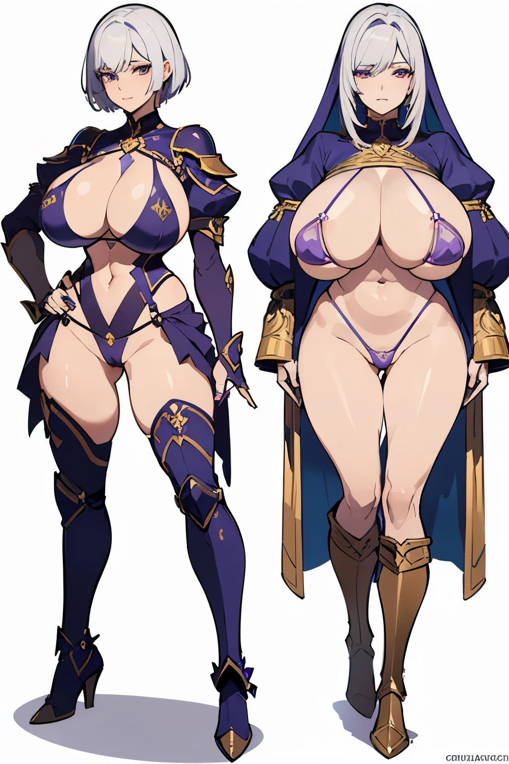 Beautiful, gorgeous, (Isabella Ivy Valentine:1.2) (from Soulcalibur), lean body, (athletic body:1.1), (round boobs), (good anatomy), white hair, (short hairstyle), (tan european skin:1.1), wearing (sexy purple bikini armor:1.1), (metal boots), (gold enrichment:1.1), (colored manicure:1.2), slim waist, (detailed eyes and face:1.2), (detailed hands and fingers:1.1), (full body), (detailed skin), (detailed hair), (detailed body), (detailed boobs), (huge breasts:1.1), (busty), (deep cleavage:1.1), (labia outline:1.3), (hard teat:1.3).