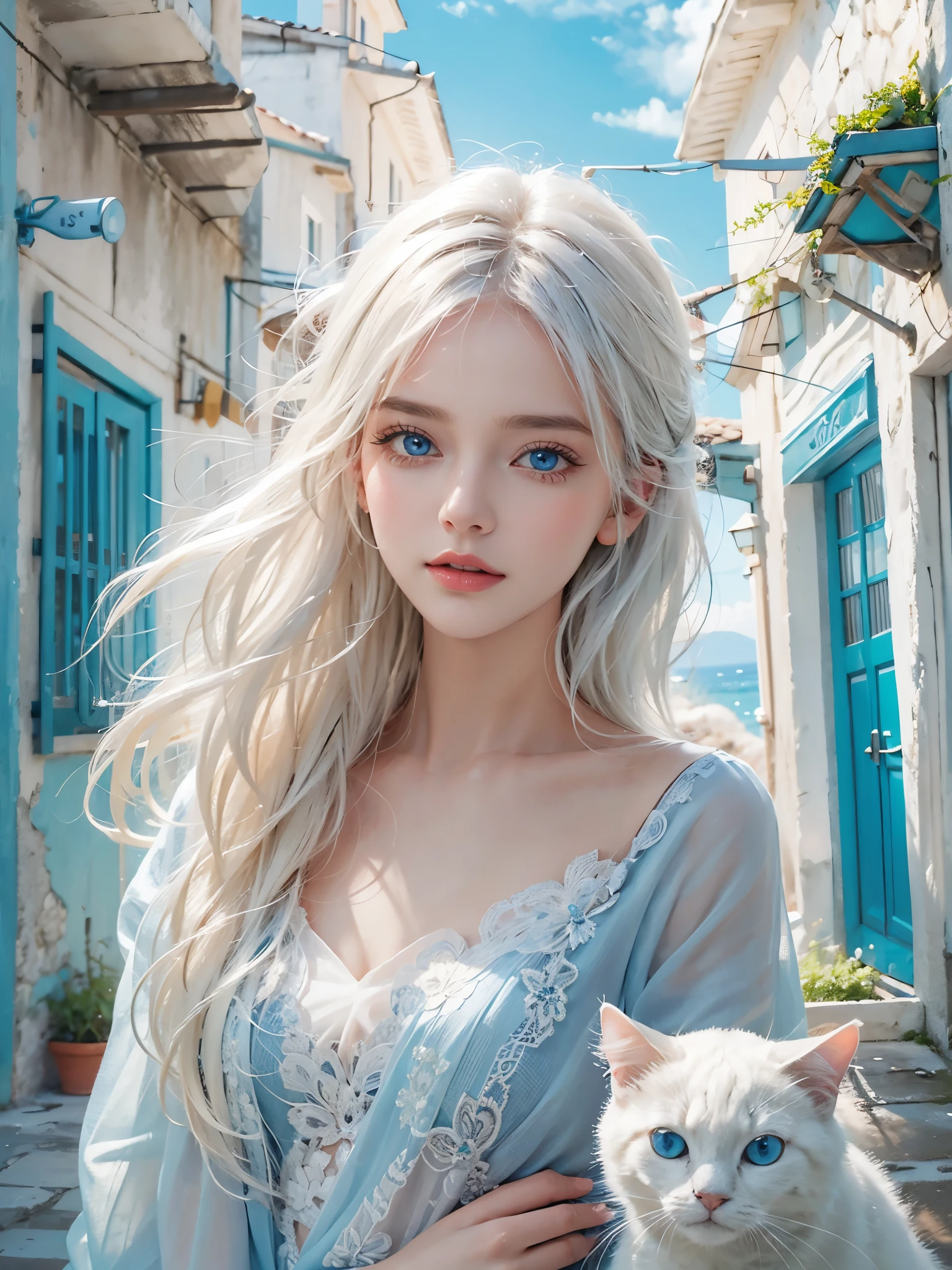 "Highest quality, like a photograph,High quality, 8k resolution",A beautiful 19-year-old girl with a dog,Very elegant and futuristic fashion,Generate a photorealistic image that captures a breathtaking scene by the azure sea,The girl should have ethereal white hair flowing beautifully in the sea breeze,Her sky-blue eyes should reflect the tranquil Mediterranean ambiance,Background town with narrow streets, whitewashed buildings topped with blue domes, typical of the Greek Isles,The scene blends vibrant colors of the sea, the peaceful quaintness of the town, and the elegant figure,Very clear background,Blue and white color theme