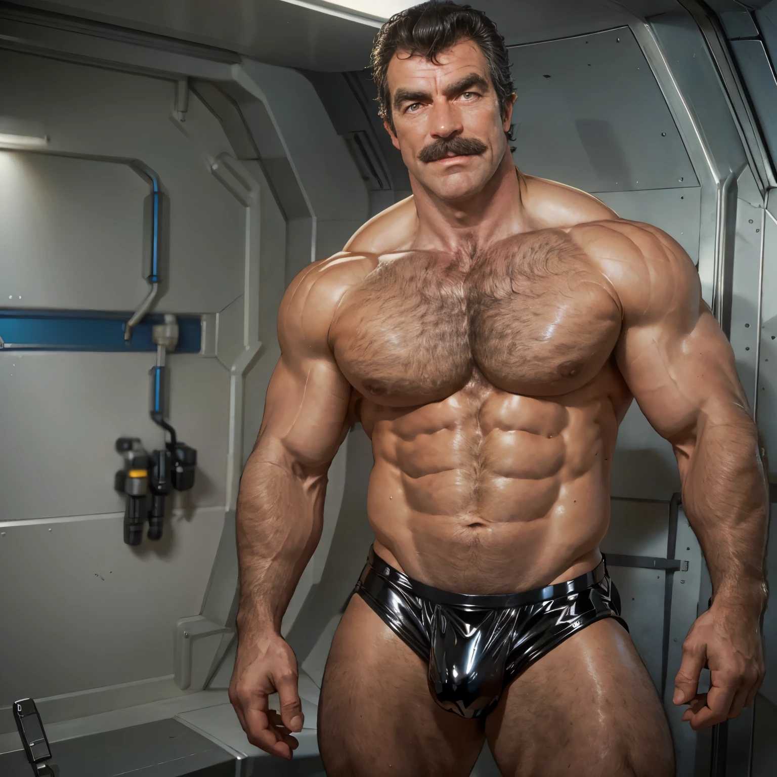 full body portrait, strong burly hairy mature older man(space captain), wearing futuristic captain's uniform insignia (neon and black) (open and revealing) (latex) , gray hair, broad shoulders, round belly, thick feet, bulging micro thong, barefoot, scifi spaceship captain uniform, neon lights, best quality elegant masterpiece, face looks like Tom Selleck (Magnum PI) , military buzzcut, dark mustache, gray stubble, latex, wearing a latex thong, big bulging crotch, futuristic gear equipment, wearing see through plastic chest armor (neon yellow and electric blue), wearing neon yellow see through chest armor, wearing electric blue latex chaps(see-through) , wearing cool neon sneakers,in spaceship cockpit, lying in spaceship sleeping quarters(bed) (view from above), smiling with teeth showing, nicebulge, waiting in bed, glowing armor, legs up(!) and spread(!) , big muscle ass, wet and dripping ass, visible asshole(!) , wet asshole, hairy pecs, thick long legs, silver hair, nice bulge,