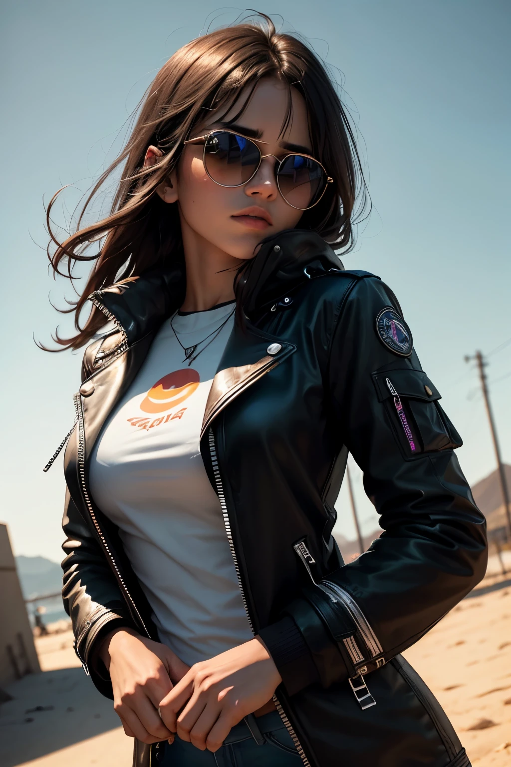 "uma mulher, com jaqueta, jaqueta com as cores dos Lakers, sun glasses, cabelo preto, parada em uma cidade noturna deserta, olhando para a camera. The environment is dark..., with lighting that highlights the shadows. The scene conveys an intense sense of loneliness and isolation. cenario produzindo rastros de luzes coloridas e vibrantes ao fundo. The camera is positioned at a dynamic angle, como se fosse uma tomada de filme, giving a sense of action and suspense."