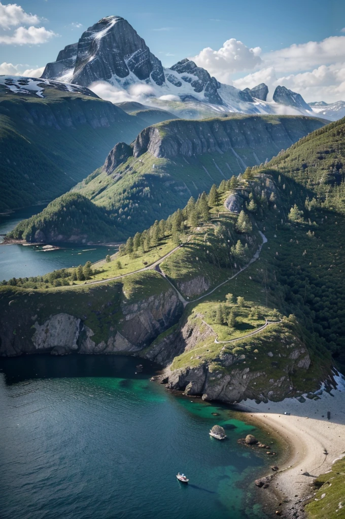 A scenic view of Mount Segla, an iconic mountain located on an island in Norway. The mountain is prominently featured, capturing its majestic and breathtaking beauty. The landscape is painted in a realistic and photorealistic style (best quality, ultra-detailed, realistic:1.37), emphasizing the finest details of the mountain's rugged terrain and lush vegetation. The image is of the highest resolution (4k, 8k, highres, masterpiece:1.2), displaying the utmost clarity and sharpness. The scene is illuminated by studio lighting, enhancing the natural colors and creating a visually striking effect. The overall color tone of the image is vibrant and vivid, showcasing the mesmerizing hues of the surrounding nature. The composition includes a peaceful island in the foreground, adding depth and a sense of tranquility to the scene.