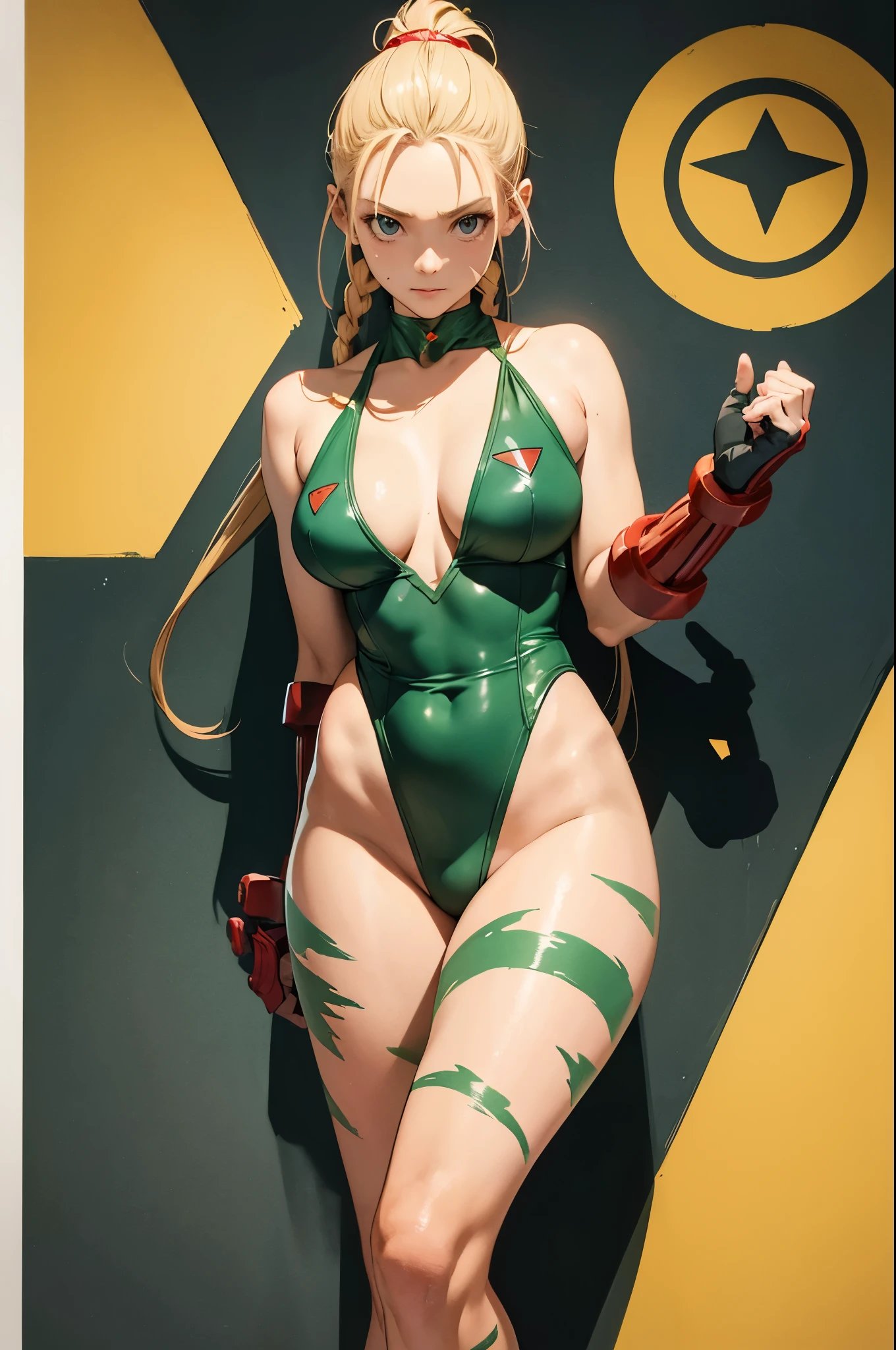 Obra maestra, 4k, altoly detailed, Cammy de Street fighter, Looking to the camera, ojos azules, platinum blonde hair combed into long pigtails with a small blade of bangs over her forehead, Titis ancha, Cammy, ((una cicatriz en su mejilla izquierda)), Hermosa mujer vestida de militar ((Green thong class leotard and the Delta Red triangle insignia on her left chest)), ((military tactical stolera)), (((En su cabeza lleva una boina militar roja))), Botas de combate negras y guanteletes rojos, (his legs are sparsely decorated with green camouflage paint), Imagen clara de medio cuerpo, sonriendo al espectador, Cantidad extrema de detalles, (Make every pixel count to draw the most beautifully detailed art you can:1.1), analog style, colores brillantes, symmetrical, centrado, de cerca, femenino, athletic, adaptar, cintura estrecha, alto, piel bronceada, [(colorful explosion psychedelic paint colors:1.1)::0.125], realista body proportions, realista, photo-realista, 8k, altoly detailed, Luz LED, luces laser,con sabor a frutas, (thepit bimbo:0.5), Lustroso,anatomically correct, symmetricalal anatomy