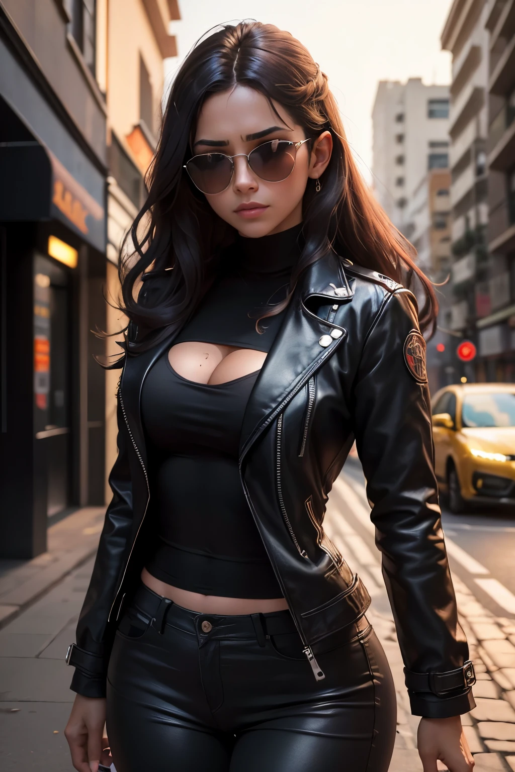 "uma mulher adulta, com jaqueta, sun glasses, cabelo preto, parada em uma cidade, a noite, olhando para a camera. The environment is dark..., with lighting that highlights the shadows. The scene conveys an intense sense of loneliness and isolation. cenario produzindo rastros de luzes coloridas e vibrantes ao fundo. The camera is positioned at a dynamic angle, como se fosse uma tomada de filme, giving a sense of action and suspense."