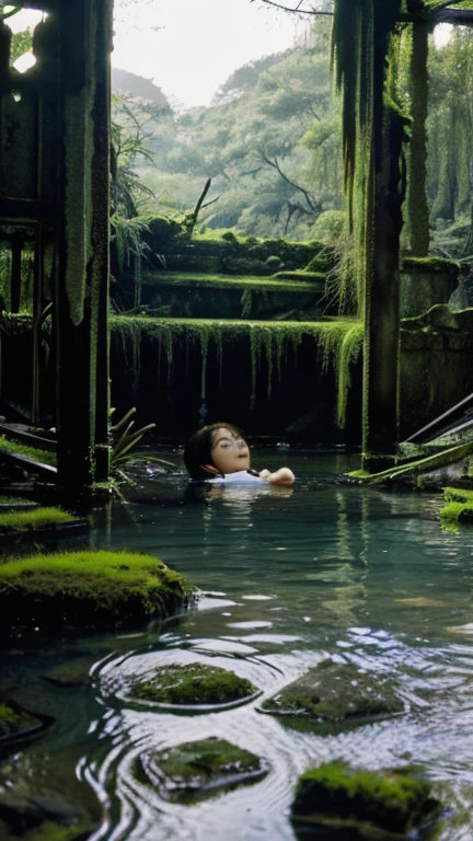 In the water,moss,Collapse,Devastation,Inside the ruins is narrow,Showa,Glasses,Women,adventure,Black and White,