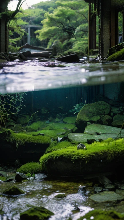 In the water,moss,Collapse,Devastation,Inside the ruins is narrow,Showa,Glasses,Women,adventure,Black and White,