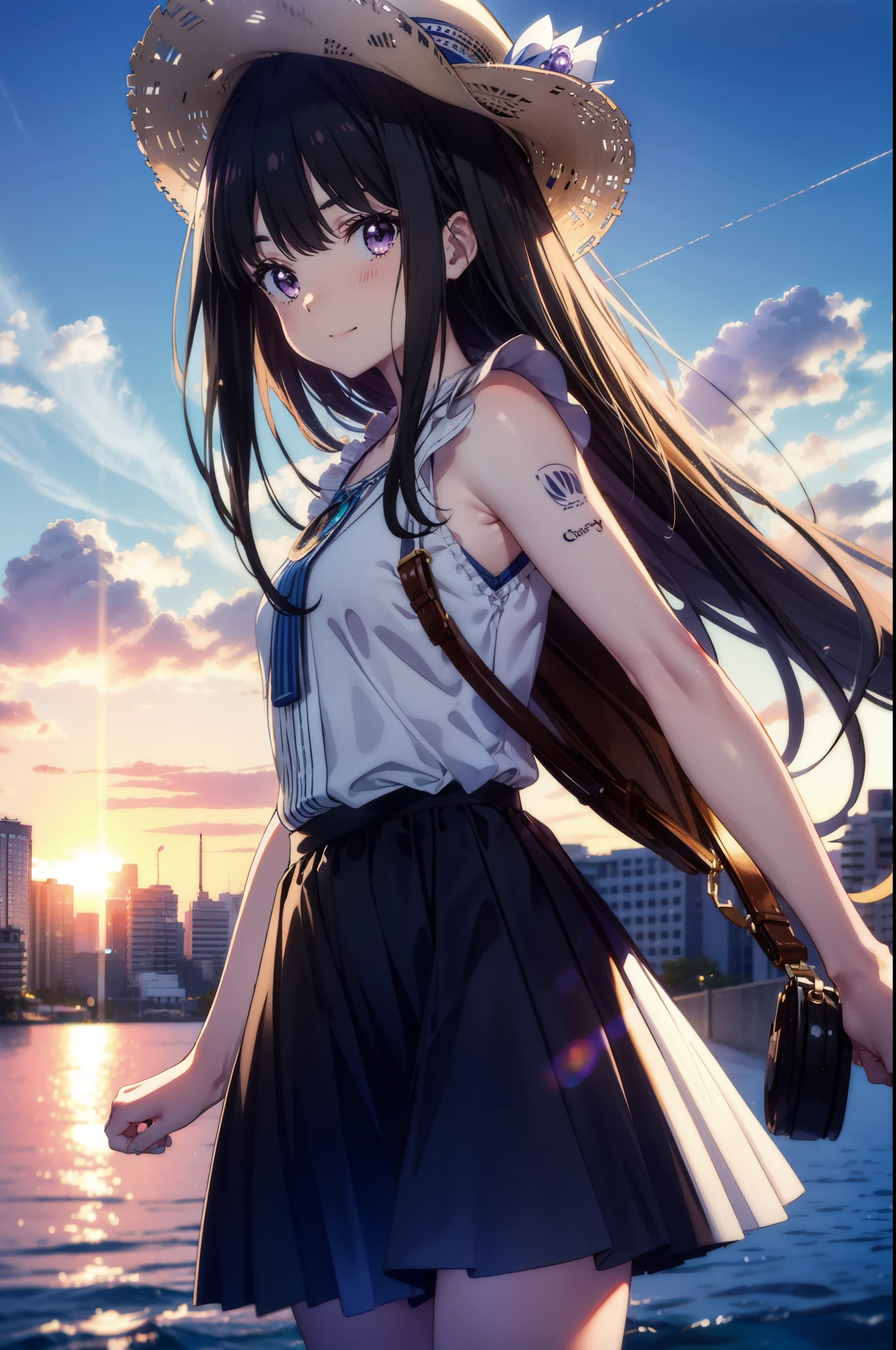 Takiuchi, Inoue Check, Long Hair, bangs, Black Hair, (Purple eyes:1.2),happy smile, smile, Open your mouth,smile,blush,Blue long skirt one-piece dress,No sleeve,Bare arms,Rocket Pendant,Cute Sandals,White hat,True Summer,Clear skies,So that the whole body goes into the illustration,
break outdoors, Coastal Road,City Street,
break looking at viewer, (Cowboy Shot:1.5),
break (masterpiece:1.2), highest quality, High resolution, unity 8k wallpaper, (figure:0.8), (Beautiful fine details:1.6), Highly detailed face, Perfect lighting, Highly detailed CG, (Perfect hands, Perfect Anatomy),