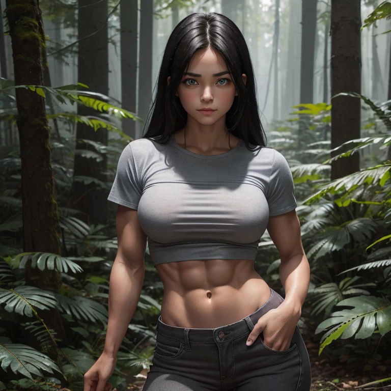 There is a young girl with a cute face and straight black hair and big blue eyes in a sunny forest, a thoughtful attentive expression on a cute face, large breasts, athletic physique, shredded abs, heavily muscled legs, extremely vascular, highly visible veins, full-length, dressed in a simple gray shirt and old-style pants