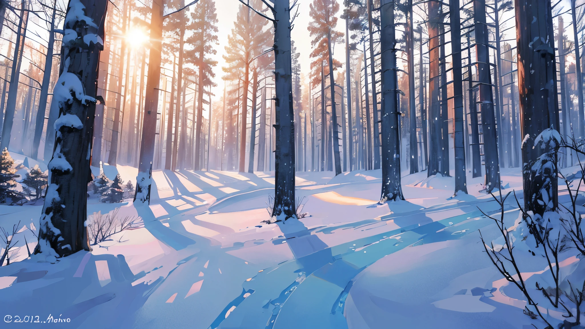 In the heart of a serene winter forest, a tranquil snowy path weaves through the lush, enchanting landscape. The crisp winter air carries a unique atmosphere, filled with the promise of stillness and peace. The soft, wintry light filters through the canopy of tall trees, casting a warm glow on the pristine, untouched snow. The winter forest comes alive with the ethereal beauty of the sun rays piercing through the snowflakes, creating a mesmerizing, picturesque scene. The snow-covered trees, standing tall and proud, add to the captivating winter allure. The sunny winter day radiates a magical, majestic charm as the sun