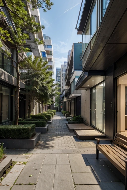 block street with wide block sidewalk, wooded garden with small stream, tall buildings in futuristic surroundings