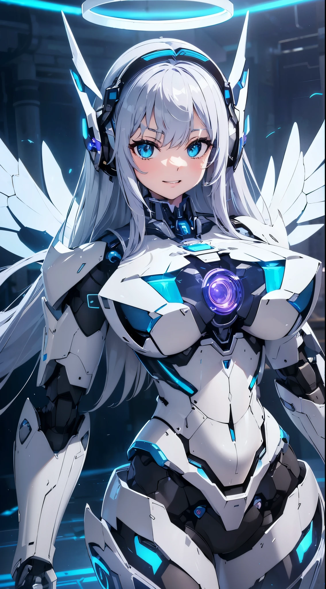 Grin、(((Shut your mouth.:1.3)))、Blue shining mechanical eyes