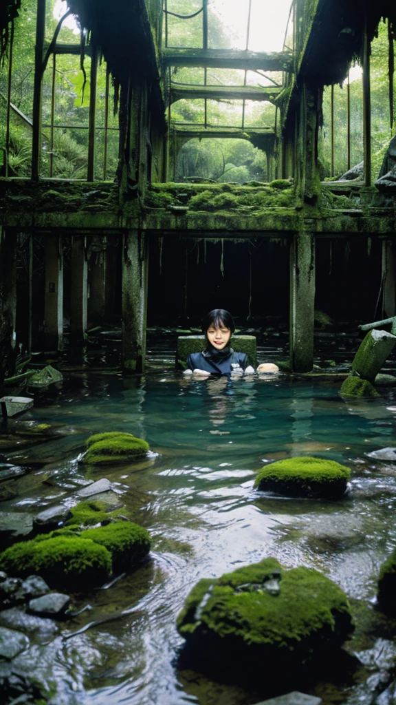 In the water,moss,Collapse,Devastation,Inside the ruins is narrow,Showa,Glasses,Women,adventure,Black and White,
