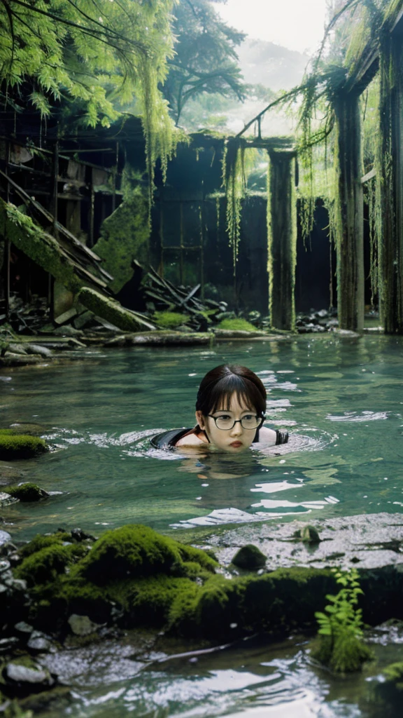 In the water,moss,Collapse,Devastation,Inside the ruins is narrow,Showa,Glasses,Women,adventure,Black and White,