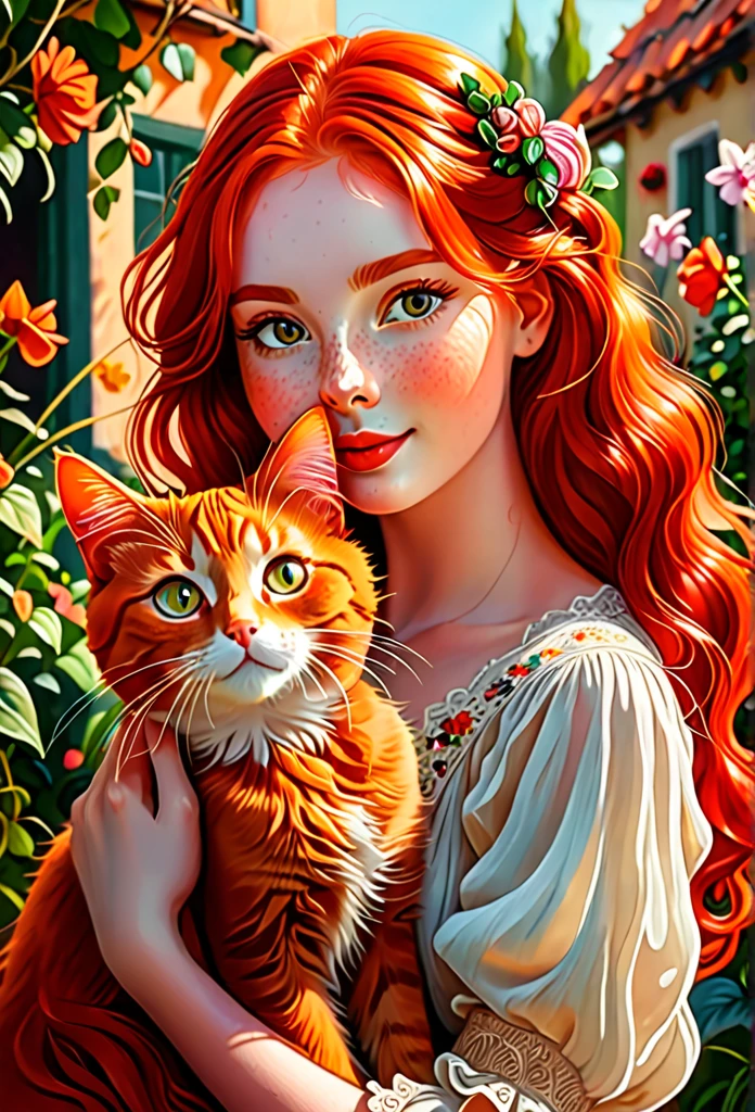 red-haired girl with a red cat, (best quality, masterpieces, ultra-detailed), beautiful detailed eyes, beautiful detailed lips, longeyelashes, vibrant colors, illustrative style, oil painting texture, flowing red hair, cozy garden background, soft sunlight, lively expression, joyful interaction with the cat, dynamic pose, realistic rendering.