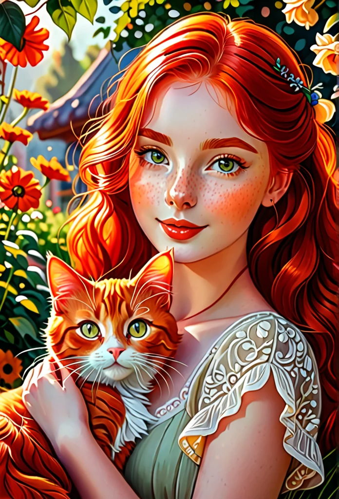 red-haired girl with a red cat, (best quality, masterpieces, ultra-detailed), beautiful detailed eyes, beautiful detailed lips, longeyelashes, vibrant colors, illustrative style, oil painting texture, flowing red hair, cozy garden background, soft sunlight, lively expression, joyful interaction with the cat, dynamic pose, realistic rendering.