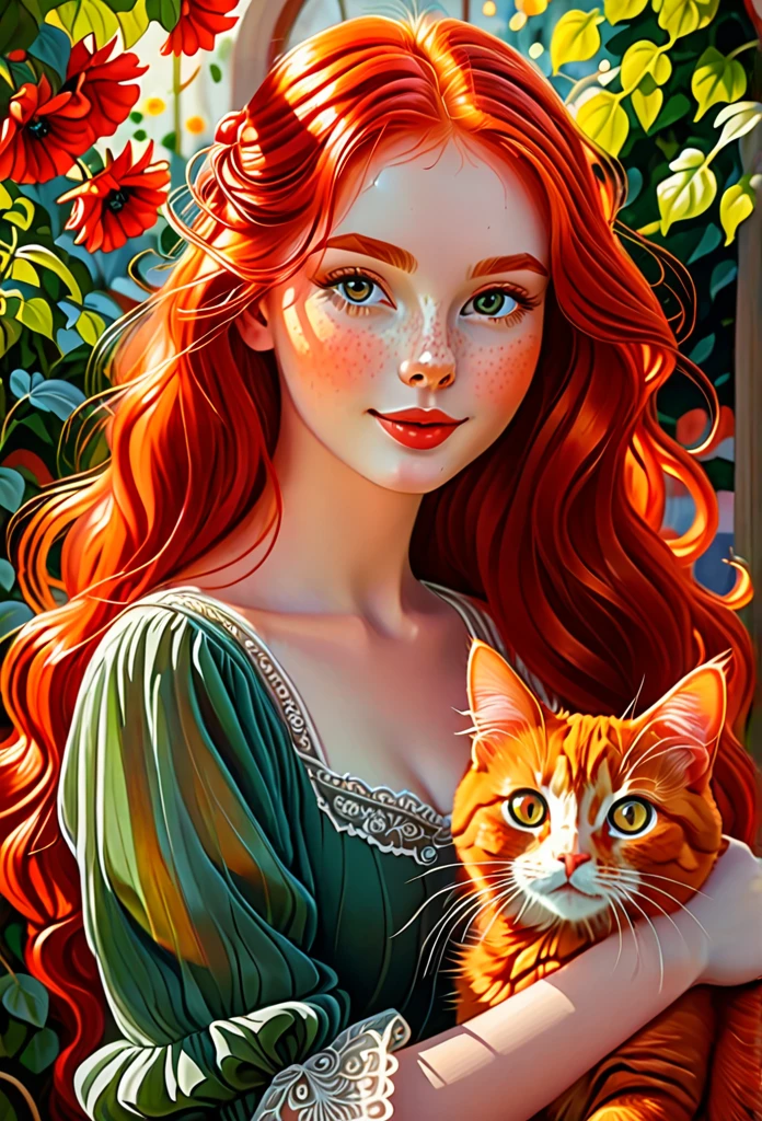 red-haired girl with a red cat, (best quality, masterpieces, ultra-detailed), beautiful detailed eyes, beautiful detailed lips, longeyelashes, vibrant colors, illustrative style, oil painting texture, flowing red hair, cozy garden background, soft sunlight, lively expression, joyful interaction with the cat, dynamic pose, realistic rendering.