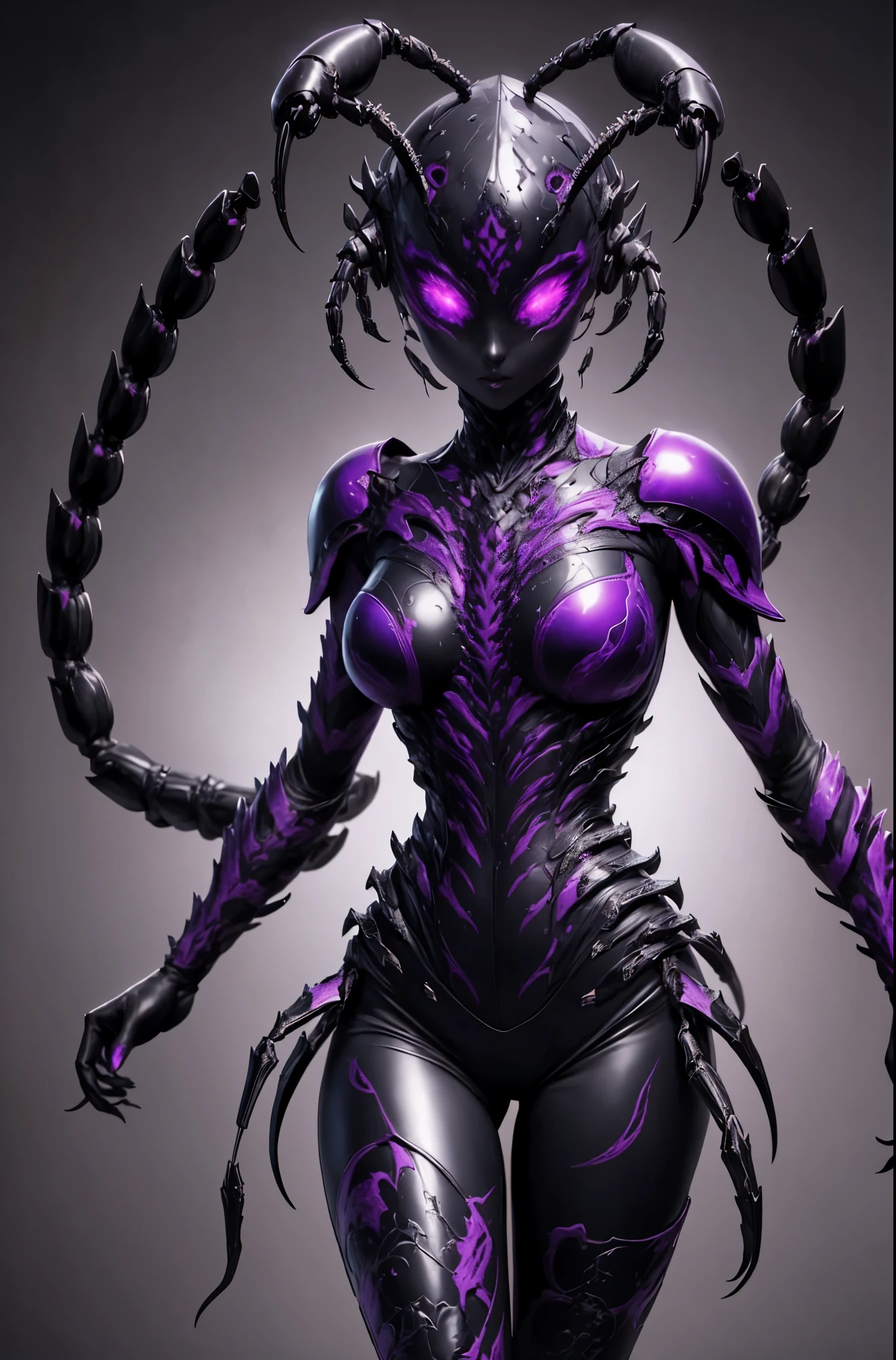 Beautiful girl fused with a scorpion. (High quality) （black and purple image color）gothic dress. body suit. cyber style. Circuit pattern. Biological Armor. Biological helmet. eye mask.