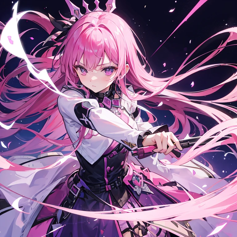 girl with pink hair, cold-looking, detailed eyes and face, long hair, bright gold eyes, white coat, black skirt, standing, holding a sword in hands, pink aura, standing alone in a dark.