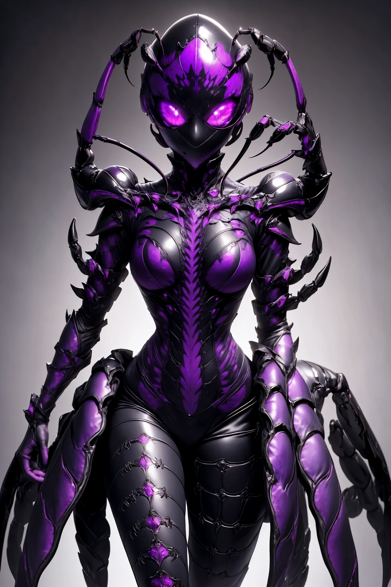 Beautiful girl fused with a scorpion. (High quality) （black and purple image color）gothic dress. body suit. cyber style. Circuit pattern. Biological Armor. Biological helmet. eye mask.