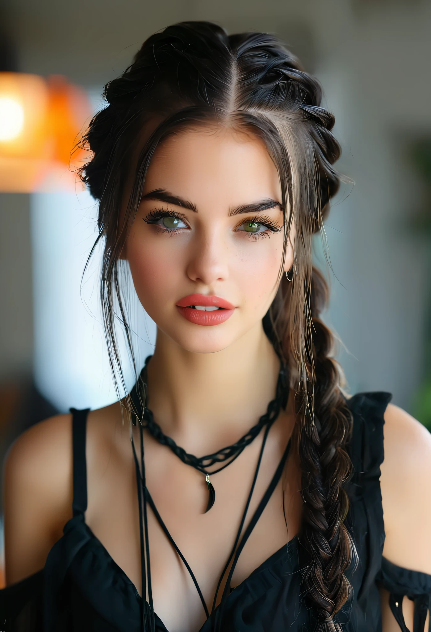 1girl, bare shoulders, bellissima, black dress, blurry, blurry background, eyelashes, green eyes, indoors, lips, long hair, looking at viewer, makeup, messy hair, multiple braids, necklace, open shirt, piercing, realistic, shirt, short hair, shoulder tattoo, solo, teeth, upper body, masterpiece, best quality, unreal_engine 32k.