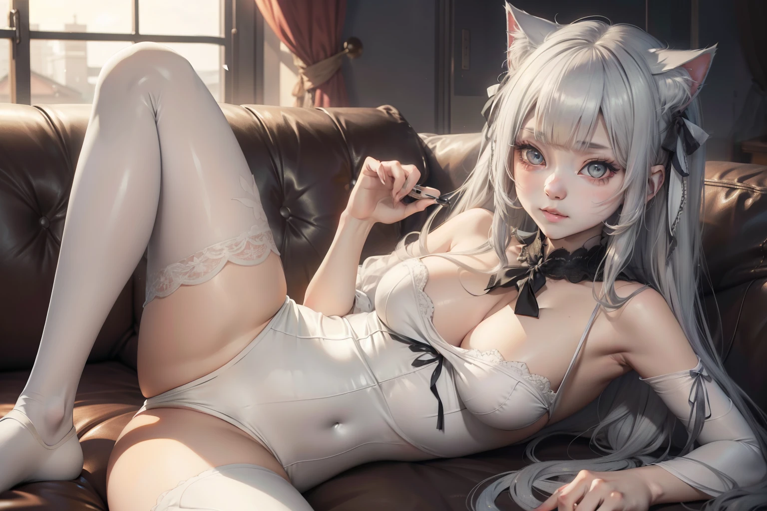 anime girl with long gray hair laying on a couch, white cat girl, very beautiful cute catgirl, seductive anime girl, shiny white skin, very beautiful anime cat girl, beautiful anime catgirl, ahegao, cute anime catgirl, , anime catgirl, top rated on pixiv, nyaruko-san, from girls frontline