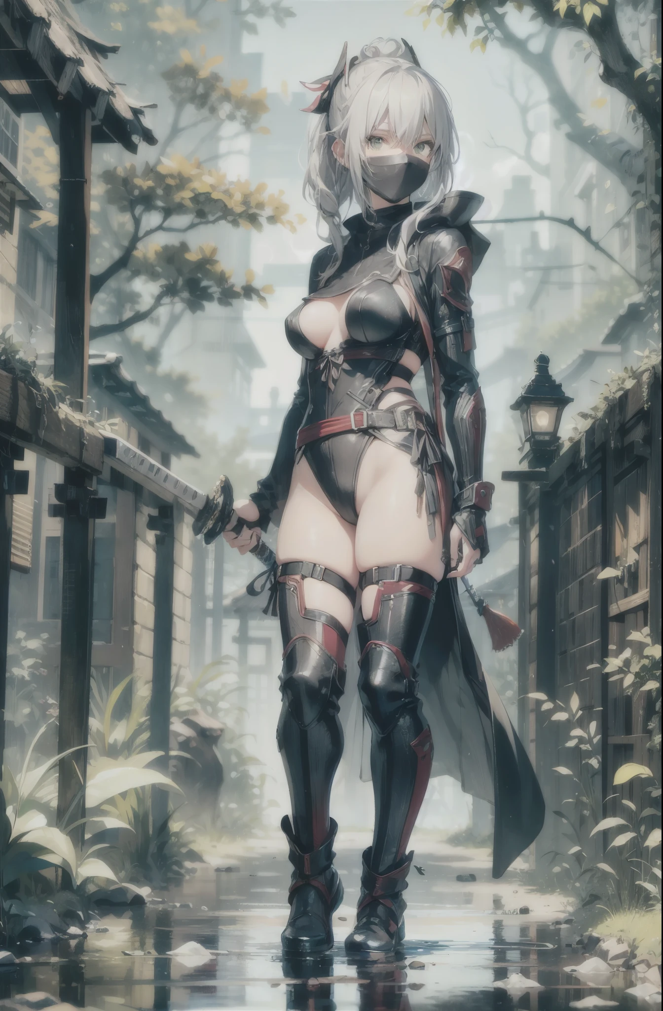 close shot, girl focus,Random pose,A female ninja on her way to her enemy,sexy full body, ponytail hair, (skull drawing mask,ninja suit), holding a small katana,tattoo,japanese pagoda,pond, Sakura tree, kunai and shuriken lay around,artwork,4K,Detailed,4k highly detailed digital art,octane render,masterpiece,best quality,ligne claire,(cool_color),perfect composition,absurdres, fantasy,focused,rule of thirds, light blonde hair,green eyes, (leotard,bare legs,boots,toeless legwear), cowboy shot, full body with costume, sfw