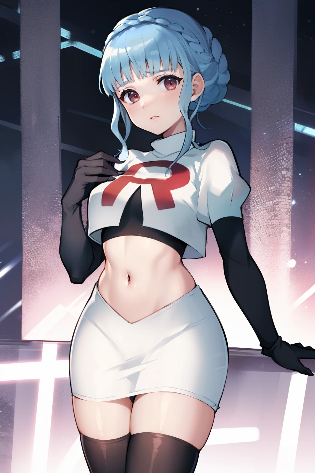 marianne von edmund, team rocket,team rocket uniform,white skirt,red letter R,crop top,black thigh-highs, looking at viewer, cowboy shot, night sky background