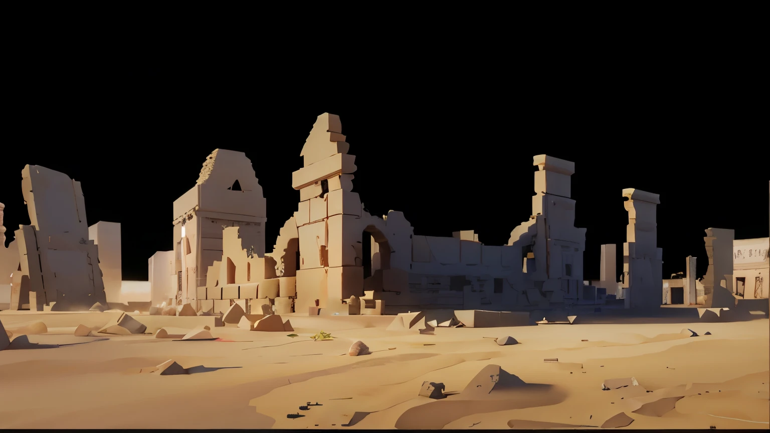 blurred image of a desert with a building and some rocks, templo do deserto, Temple in ruins, Stylized 3D rendering, a low poly rendering, ancient ruins, low poly rendering, Landscape of ruins, ancient ruins under the desert, renderizado no motor irreal 5, ancient ruins behind, renderizado em maya, Stylized 3D rendering, ancient ruins