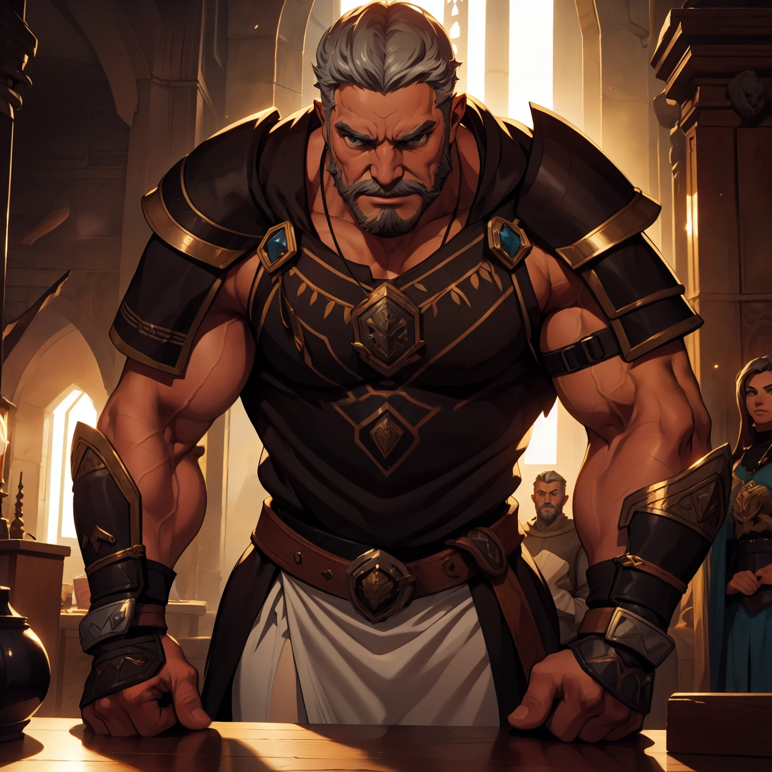 Um rei medieval, muito lascivo, imponente, Vista lateral, below pov, corpo inteiro, 50 years old, grey short hair , thick grey beard, dark oliva skin color, peitorais largos, peitorais enornes, hair chest, pose sensual, he is in fourth, rindo do espectador, wearing a tight tank top armor, detail armor, bare arms, big bulge, thick thights, Obra-prima maravilhosa altamente detalhada, beautiful cinematic light deep focus, elegante, Pintura digital, sementes, sharp focus, golden ratio, dramatic lighting, 8k