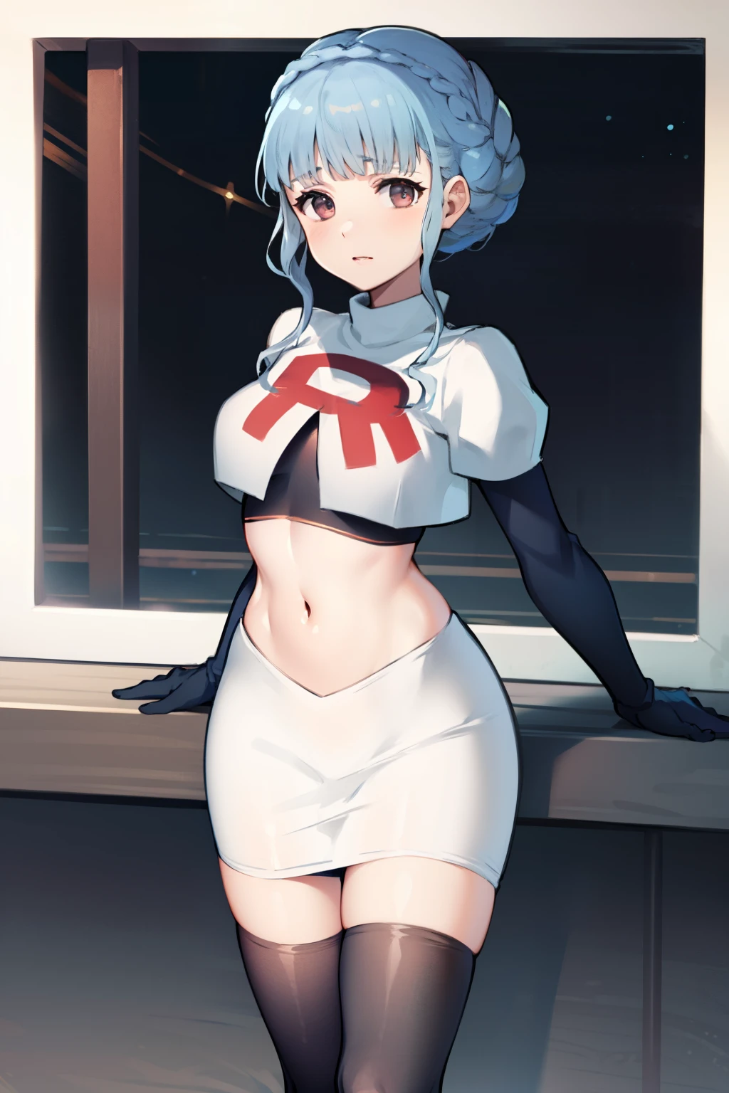 marianne von edmund, team rocket,team rocket uniform,white skirt,red letter R,crop top,black thigh-highs, looking at viewer, cowboy shot, night sky background
