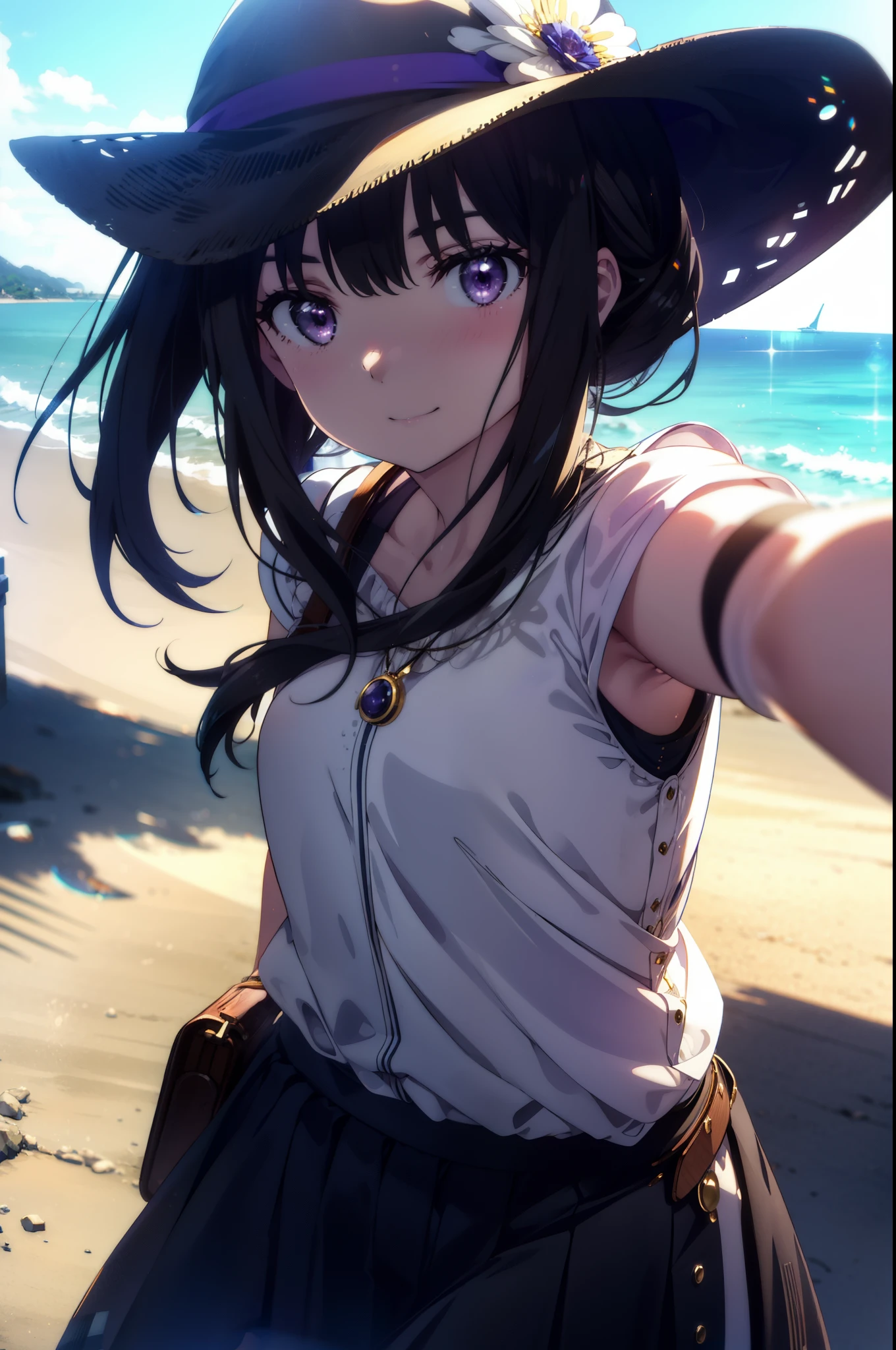 Takiuchi, Inoue Check, Long Hair, bangs, Black Hair, (Purple eyes:1.2),happy smile, smile, Open your mouth,smile,blush,Blue long skirt one-piece dress,No sleeve,Bare arms,Rocket Pendant,Cute Sandals,White hat,True Summer,Clear skies,So that the whole body goes into the illustration,
break outdoors, Coastal Road,City Street,
break looking at viewer, (Cowboy Shot:1.5),
break (masterpiece:1.2), highest quality, High resolution, unity 8k wallpaper, (figure:0.8), (Beautiful fine details:1.6), Highly detailed face, Perfect lighting, Highly detailed CG, (Perfect hands, Perfect Anatomy),