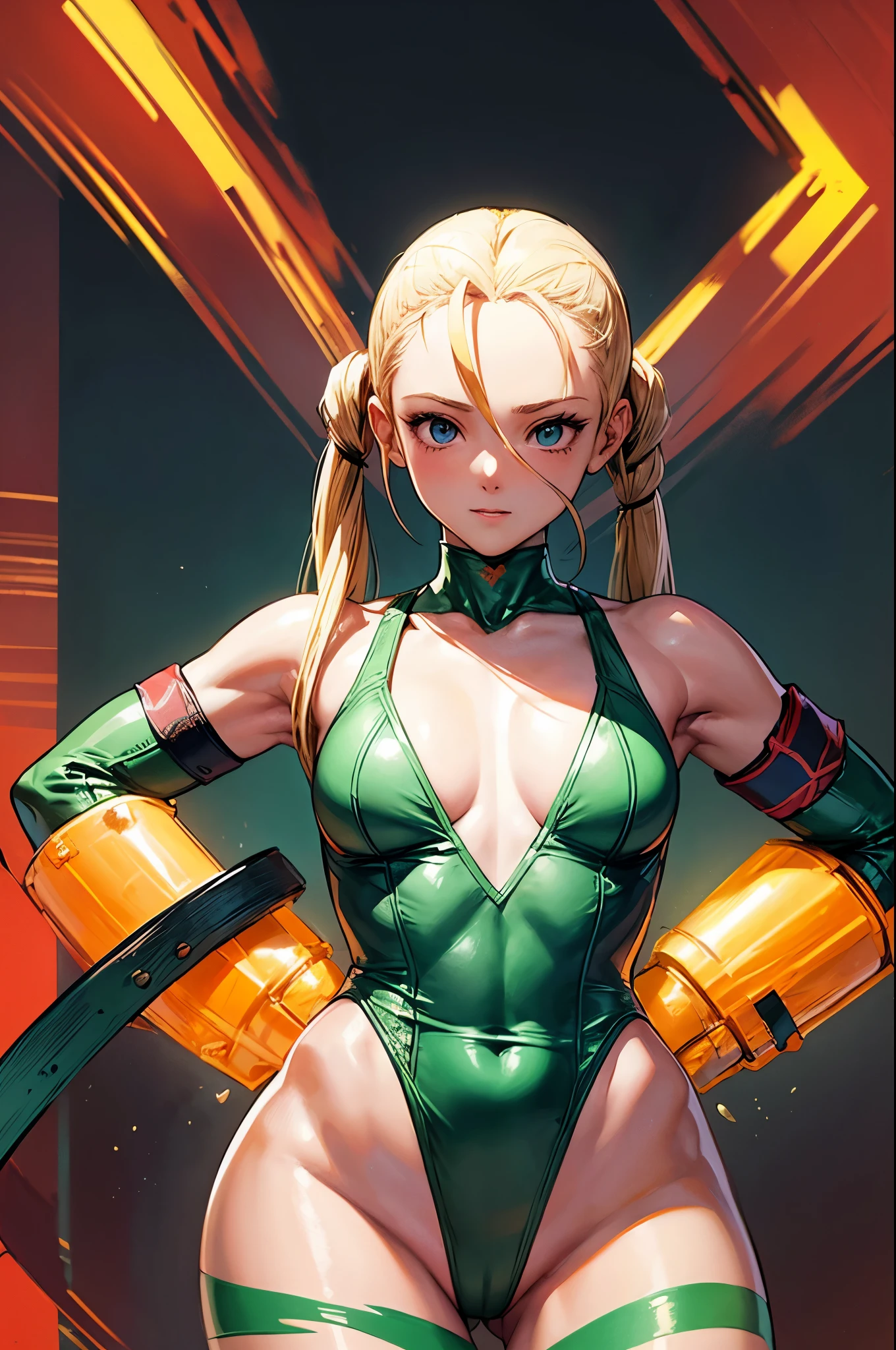 Obra maestra, 4k, altoly detailed, Cammy de Street fighter, Looking to the camera, ojos azules, platinum blonde hair combed into long pigtails with a small blade of bangs over her forehead, Titis ancha, Cammy, ((una cicatriz en su mejilla izquierda)), Hermosa mujer vestida de militar ((Green thong class leotard and the Delta Red triangle insignia on her left chest)), ((military tactical stolera)), (((En su cabeza lleva una boina militar roja))), Botas de combate negras y guanteletes rojos, (his legs are sparsely decorated with green camouflage paint), Imagen clara de medio cuerpo, sonriendo al espectador, Cantidad extrema de detalles, (Make every pixel count to draw the most beautifully detailed art you can:1.1), analog style, colores brillantes, symmetrical, centrado, de cerca, femenino, athletic, adaptar, cintura estrecha, alto, piel bronceada, [(colorful explosion psychedelic paint colors:1.1)::0.125], realista body proportions, realista, photo-realista, 8k, altoly detailed, Luz LED, luces laser,con sabor a frutas, (thepit bimbo:0.5), Lustroso,anatomically correct, symmetricalal anatomy