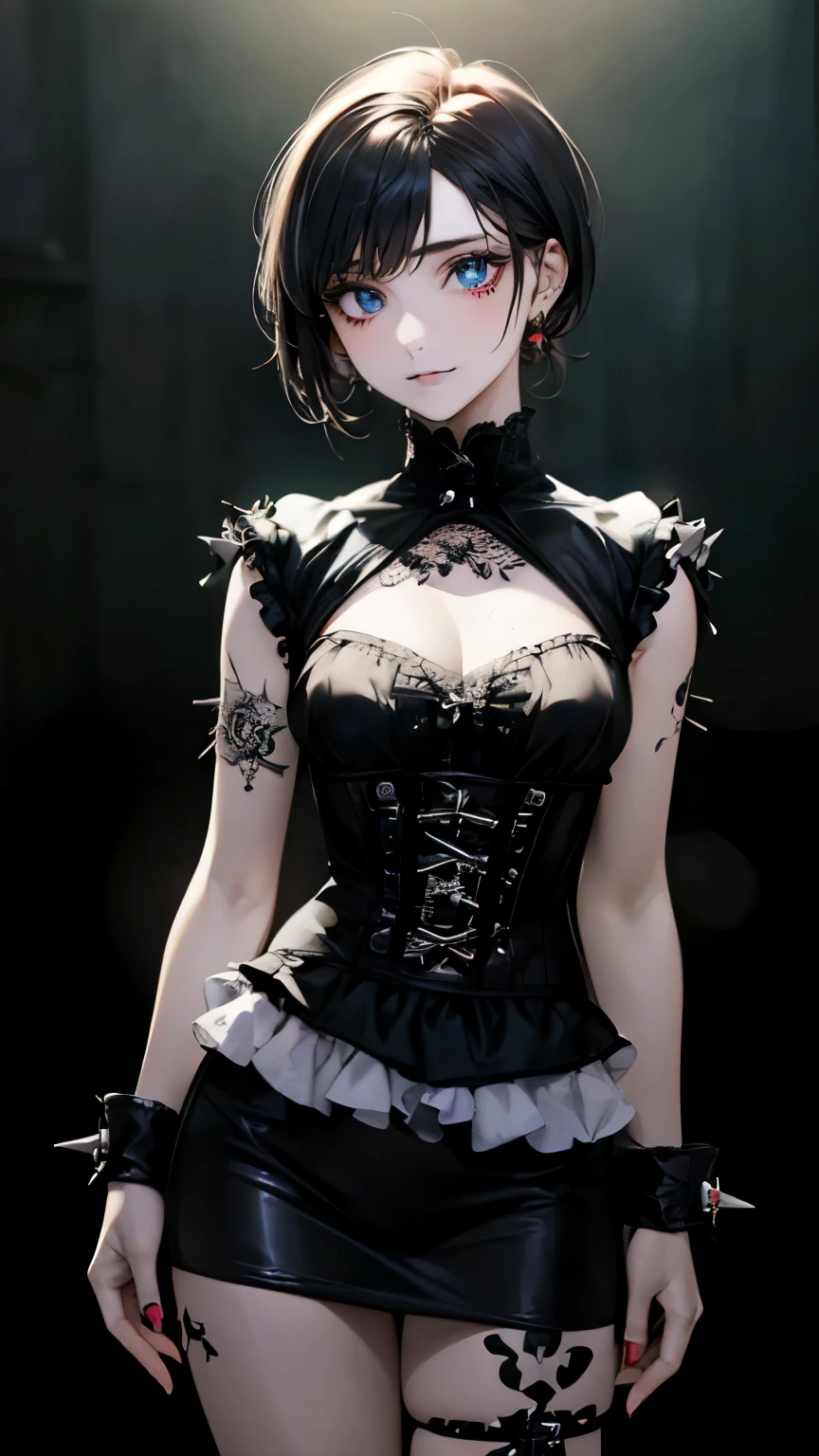 (masterpiece:1.2, highest quality), (realistic, photorealistic:1.4), beautiful illustrations, (natural side lighting, movie lighting),
looking at the viewer, Upper body, (Front view), 1 girl, perfect face, Cute symmetrical face, shiny skin, baby face, long eyelash, (medium breasts), (wide hips:1.2),short cut hair,
beautiful hair, beautiful face, detailed and beautiful eyes, beautiful body, beautiful breasts, beautiful thighs, beautiful feet, beautiful fingers,
(beautiful scenery),(cute smile:1.3, upper eye), 18yo,pale skin,a woman in black corset and goth hair, with piercings, 1girl, solo, black hair, short hair, ring,(pierce:1.5),(punk style:1.5),(gothic dress),(black lips:1.5),