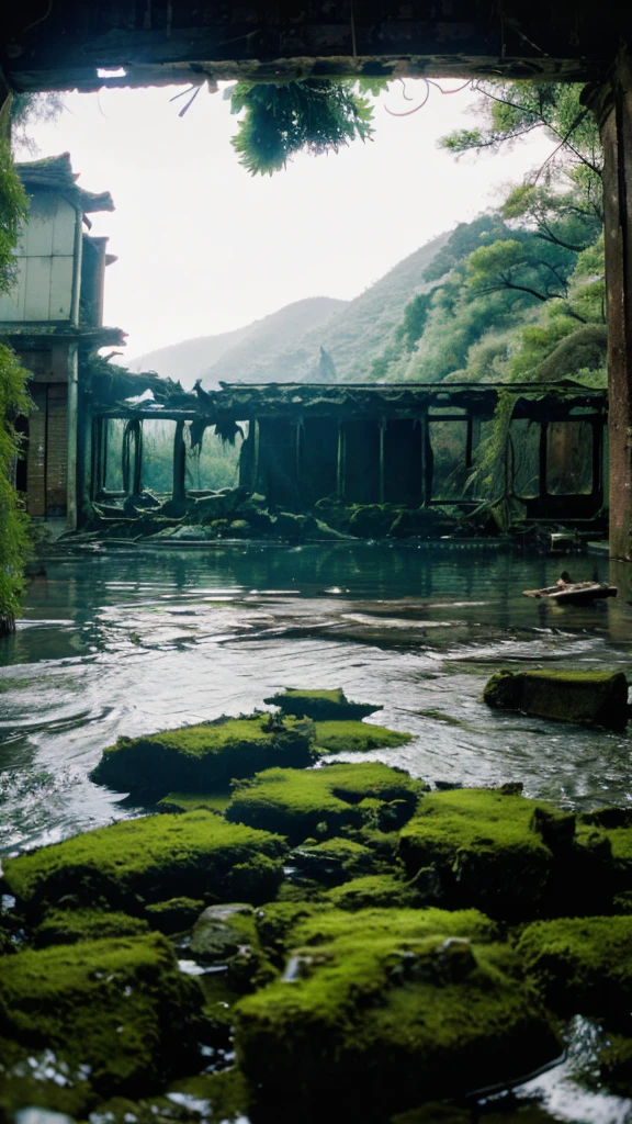 In the water,moss,Collapse,Devastation,Inside the ruins is narrow,Showa,Glasses,Women,adventure,Black and White,