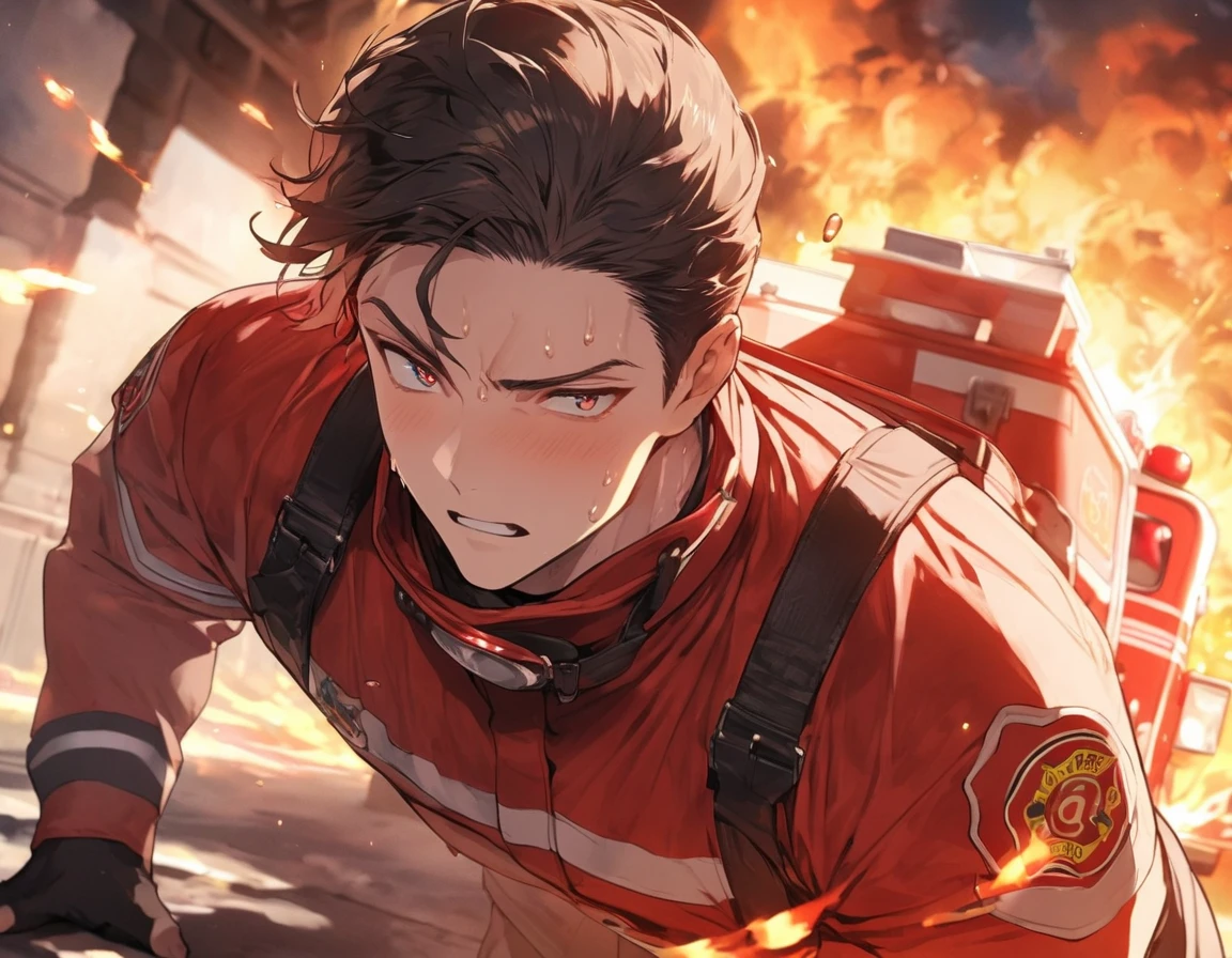 male,Handsome man with a good physique:1.3、Firefighter、(nup, firefighter:1.2)、 Desperate firefighting efforts at the scene of a fire、Tension、Sweat、desperate look、(fire truck:1.6)、(背景にfire truck:1.4)、(highest quality、masterpiece、High resolution、detailed)、animeスタイル、Flat Style、(Beautiful Eyes, Delicate and beautiful face), BREAK,anime、extremely detailed、Best lighting, Best Shadow、Dynamic Angle、floating, (High saturation), (splash), , (Shine),