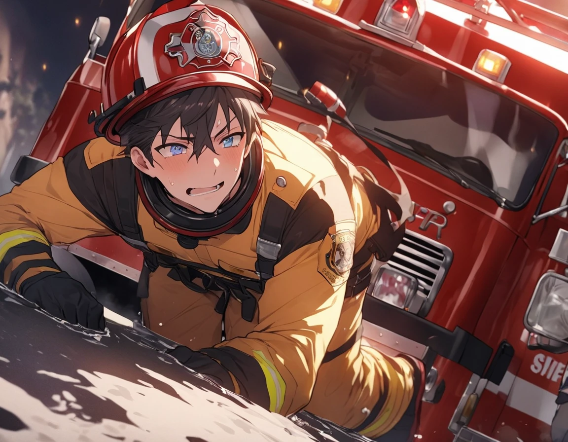 male,Handsome man with a good physique:1.3、Firefighter、(nup, firefighter:1.2)、 Desperate firefighting efforts at the scene of a fire、Tension、Sweat、desperate look、(fire truck:1.6)、(背景にfire truck:1.4)、(highest quality、masterpiece、High resolution、detailed)、animeスタイル、Flat Style、(Beautiful Eyes, Delicate and beautiful face), BREAK,anime、extremely detailed、Best lighting, Best Shadow、Dynamic Angle、floating, (High saturation), (splash), , (Shine),