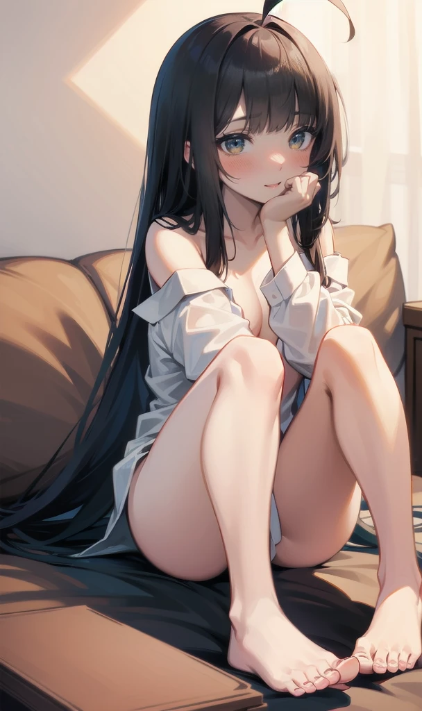 (1girl), ahoge, bare legs, (barefoot: 1.1), blunt bangs, blush, bottomless, covering own mouth, dress shirt, embarrassed, (feet: 1.2), (hand over own mouth), hand to own mouth, long hair, long sleeves, looking at viewer, naked shirt, no bra, no pants, off shoulder, open clothes, open shirt, sitting, soles, solo, toes, toenails, very long flowing straight hair