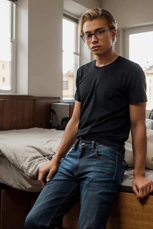 haz unaimagen de un hombre con lentes negros, Short, well-groomed blonde hair, jeans, and light skin, 16 years old.