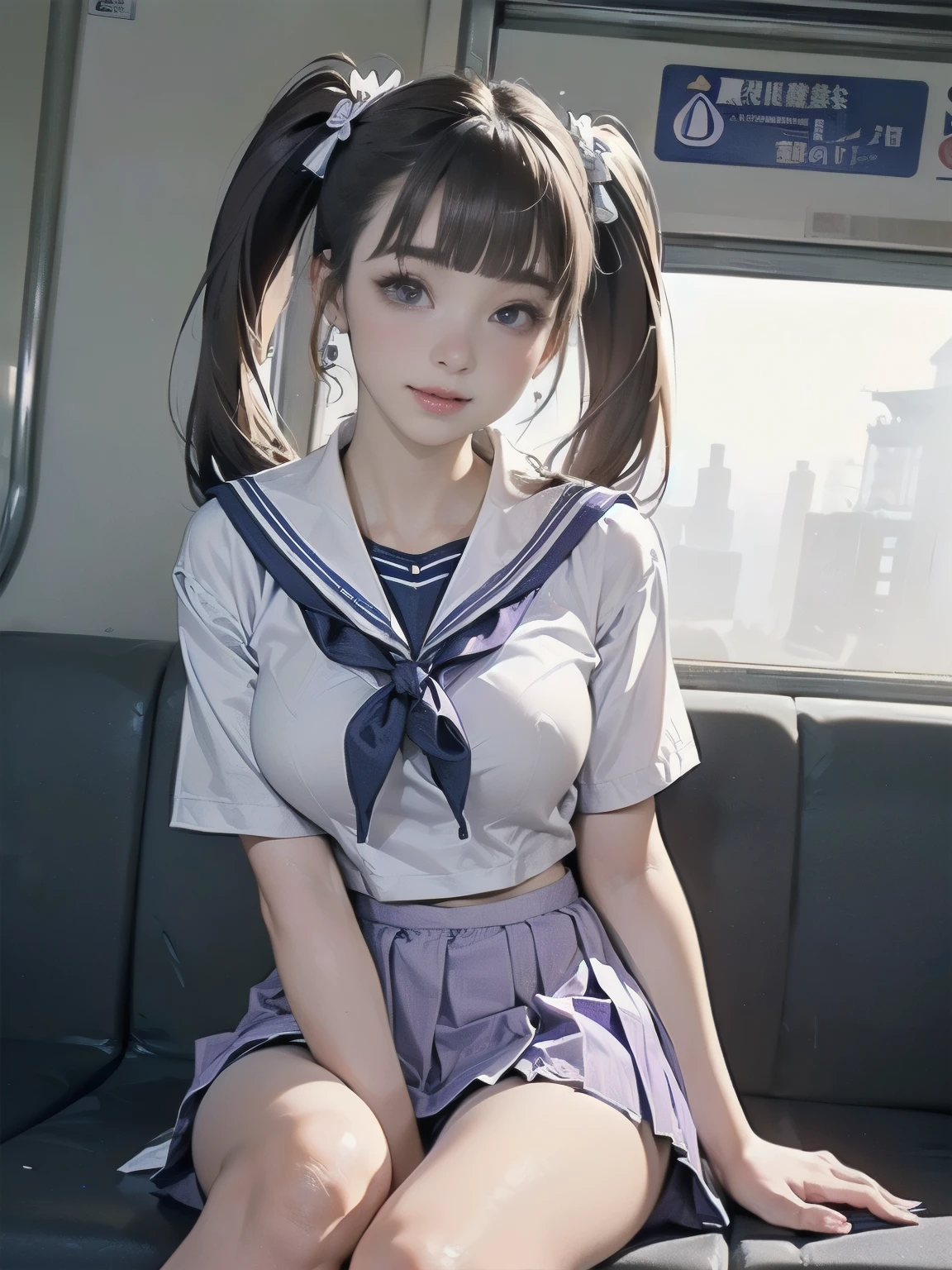 ((((highest quality))))、(((Ultra-precision CG16K wallpaper)))、(((masterpiece)))、(((Super detailed)))、(((Extreme detail)))、((1Mature 24 year old woman:1.5))、((Very beautiful Japanese faces))、((Shiraishi Mai:1.5))、((Straight twin tail hair、blunt bangs:1.5))、(Shiny brown hair)、Beautiful delicate eyes、eyeliner、eye shadow、Brown eyes、High nose、Small nostrils、Small Mouth、Seductive lips、Beautiful breasts、((C cup size breasts))、Cleavage、Voluptuous body、Perfect proportions、Perfect Anatomy、Perfect composition、Beautiful detailed shading、Beautiful, natural lighting、Beautiful detail glow、Depth of written boundary、(((High chroma)))、(((Real:1.9)))、((vivid:1.5))、((Beautiful Skin))、((Skin Texture))、((Realな皮膚感))、(((Cowboy Shot:1.6)))、((Front view、Front low angle:1.6))、((Surprised face with mouth open:1.5))、(The woman is facing this way:1.5)、Bright daylight、Natural light、(((sitting with legs spread apart on a train seat:1.6)))、(Sitting pose:1.5)、(((White wearing sailor uniform、Light purple pleated mini skirt:1.6)))、((Wearing earrings:1.3))、